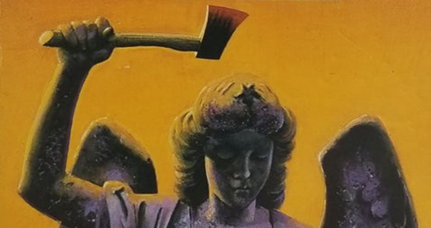 A angel statue is brandishing an ax above their head. 